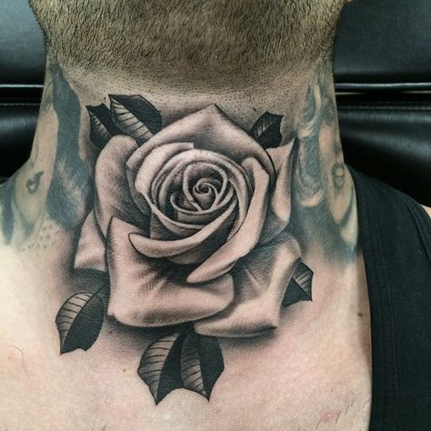 Beautiful Rose Tattoo on Guys Neck Rose Throat Tattoo Men, Abel Tattoo, Tattoo Crane, Rose Neck Tattoo, Front Neck Tattoo, Best Neck Tattoos, Tattoo Son, Tattoo Diy, Throat Tattoo