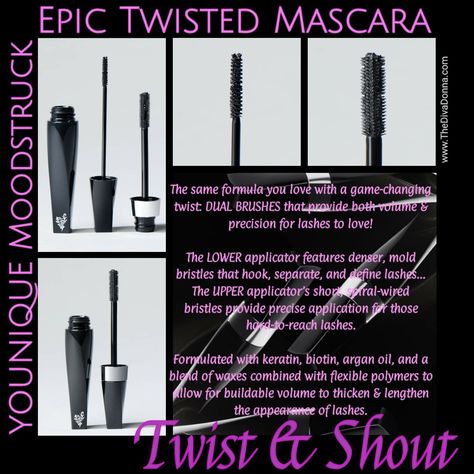 Younique #EPIC twisted mascara www.TheDivaDonna.com  The same formula you love with a game-changing twist: dual brushes that provide both volume and precision for lashes to love! The lower applicator features denser, mold bristles that hook, separate, and define lashes while the upper applicator’s short, spiral-wired bristles provide precise application for those hard-to-reach lashes. Formulated with keratin, biotin, argan oil, and a blend of waxes combined with flexible polymers to allow for bu Younique Pictures, Younique Images, Younique Epic Mascara, Younique Marketing, Younique Skin Care, Younique Mascara, Younique Beauty, Younique Products, Makeup Wishlist