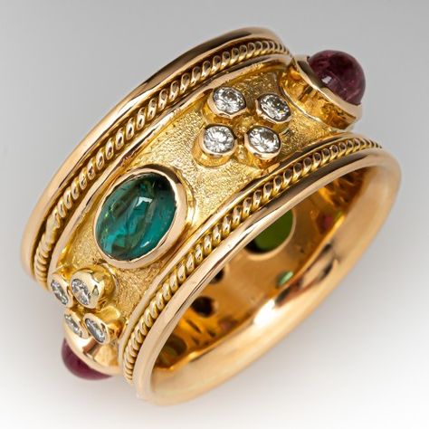 Gemstone and Cocktail Rings | EraGem Tourmaline Rings, Antique Cocktail Ring, Bezel Set Cabochon, Byzantine Gold, Faberge Jewelry, Jewelry Knowledge, Wide Band Ring, Cabochon Ring, Wide Band Rings