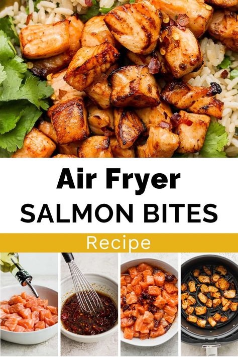 These air fryer salmon bites are marinated in a simple yet flavorful chipotle honey sauce made from only 3 ingredients. Smoky and spicy chipotle, sweet honey, and a dash of savory soy sauce come together to make juicy and flaky salmon that’s perfect every time. Salmon Cubes, Salmon With Rice, Fish Lunch, Salmon Bites Recipe, Cook Salmon, Air Fryer Salmon, Salmon Bites, Air Fryer Cooking Times, Fried Salmon