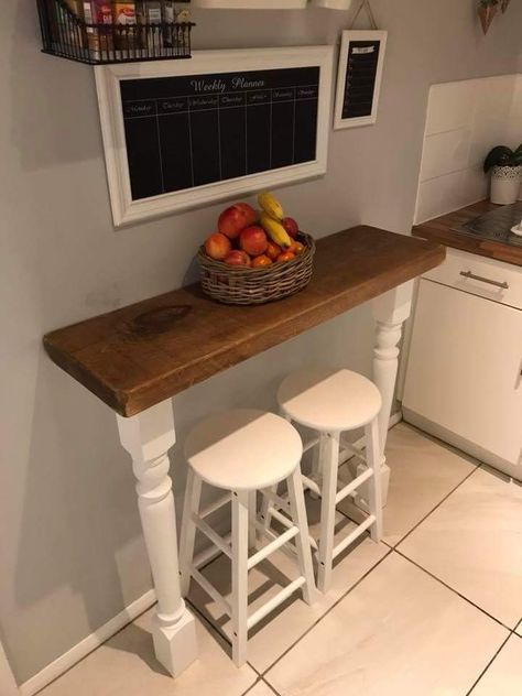 Kitchen Bar Ideas Against Wall, Breakfast Bar Against Wall, Microwave Table, Diy Breakfast Nook, Mini Studio, Kitchen Bar Table, Kitchen Apartment, Small Kitchen Tables, Bar Shelf