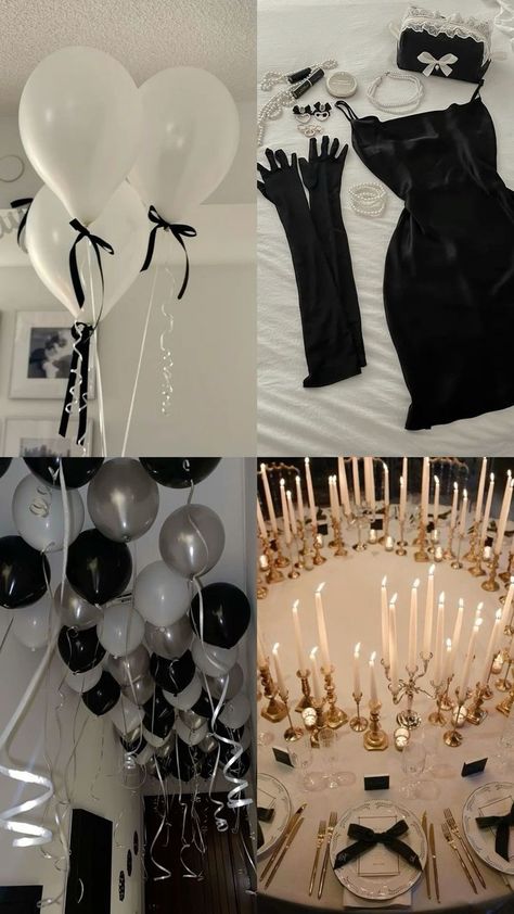 19 Birthday Party Ideas For Her, Birthday Ideas Themes Adults, Black Themed 18th Birthday Party, Black And White Bow Theme Party, Black Silver Birthday Theme, Black And White Birthday Theme Ideas, Black Swan Birthday Party, White And Black Birthday Theme, Rip Teens Birthday