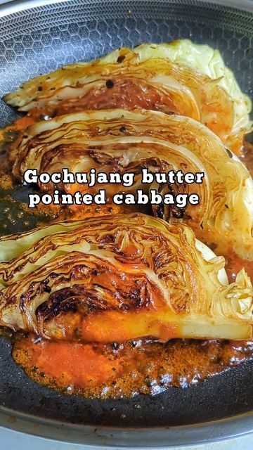 Xi Chen | Food & Travel on Instagram: "The pointed cabbage obsession is back and this time, it comes as a duo with gochujang butter. I just finished watching Culinary Class Wars and I'm obsessed with gochujang butter on everything. Why do I love miso butter but never thought about gochujang butter? Shocking. Anyways, here are the 5 ingredients you need:

1/2 pointed cabbage 
1 generous tsp gochujang paste (or more if you want more spicy)
1 generous tbsp soft butter 
4-5 tbsp water
toasted sesame for garnish 

Enjoooooy!

#gochujang #gochujangbutter #gochujangsauce #pointedcabbage #cabbagerecipe #culinaryclasswars #easyrecipesathome #veggierecipe #wintervegetables #cabbages #whitecabbage #sweetandspicy #eatinginberlin" Miso Gochujang Sauce, Gojujang Recipes, Gochujang Cabbage, Gochujang Butter, Pointed Cabbage, Gochujang Paste, Gochujang Recipe, Cabbage Wraps, Buttered Cabbage