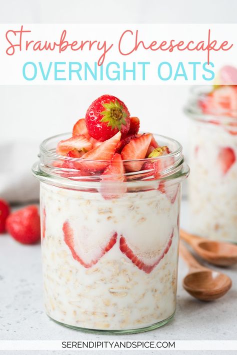 Over Night Oats Strawberry Cheesecake, Overnight Oats Recipe Strawberry Cheesecake, Strawberry Cheesecake Overnight Oats With Jello Pudding, Cherry Cheesecake Overnight Oats, Over Night Oats Strawberry, Strawberry Over Night Oats, Overnight Oats In A Jar Strawberries, Strawberry Peach Overnight Oats, Overnight Strawberry Cheesecake Oats