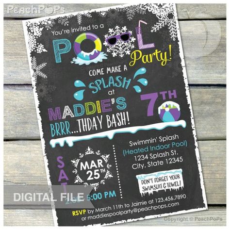 Indoor Pool Party, Teen Pool Parties, Teen Beach Party, Cat Bday, Winter Pool, Party Chalkboard, Pool Party Birthday Invitations, Daughters Birthday, Chalkboard Invitation