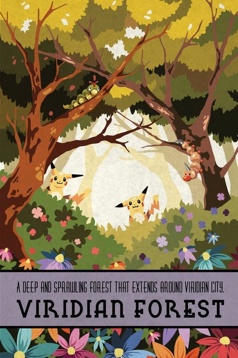 Pokemon Travel Poster Viridian Forest Wall Art | Pikachu Caterpie Weedle Kanto Region Forest Pokemon, Diglett Pokemon, Haunter Pokemon, Fan Illustration, Pokemon Aesthetic, Kanto Region, Posters To Print, Pokemon Poster, Pokemon Regions