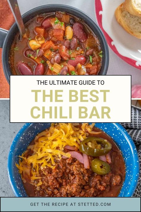 Chili is one of the best ways to feed a crowd, and with these tips, you'll have the best chili bar of the year! Chilli Bar Ideas, Chili Fixings Bar, Chili Bar Toppings, Chili Party Ideas, Chili Bar Ideas, Chili For A Crowd, Chili Bar Party, Chili Party, Food Chicken Recipes