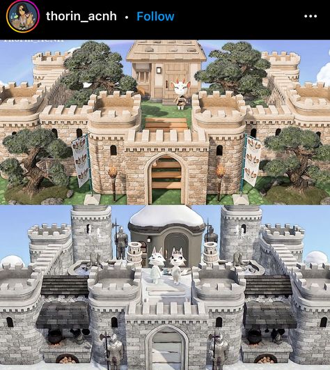 Acnh Castle, Castle Exterior, Royal Animals, Acnh Inspiration, Castle Home, Ac New Leaf, Chateau Medieval, Happy Home Designer, Island Theme