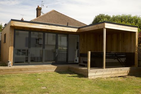 Garden Room With Veranda, Corner Garden Room Ideas, L Shaped Garden Room, Garden Shelter, Garden Room With Hot Tub, L Shape Garden Room, L Shaped Summer House Ideas, Summerhouse With Pergola, Garden Annexe Guest Houses