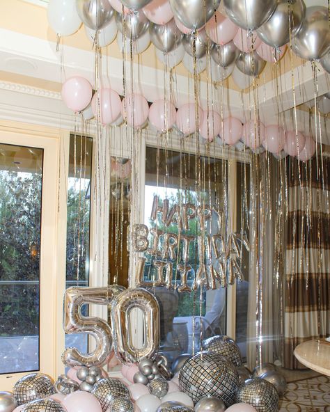 Cheers to 50 🥂🪩Trendy balloon decorations that you’ll love 💕 . . . . #bridalroomdecor #birthdayroomdecor #balloonsurprise #heliumballoondecor #miami #fortlauderdalebachelorette #lasvegasballoon Basement Birthday Party, Basement Birthday Party Ideas, Balloon Ceiling Decorations, Bridal Room Decor, Trendy Balloons, Balloon Surprise, Balloon Ceiling, Ceiling Decorations, 29th Birthday