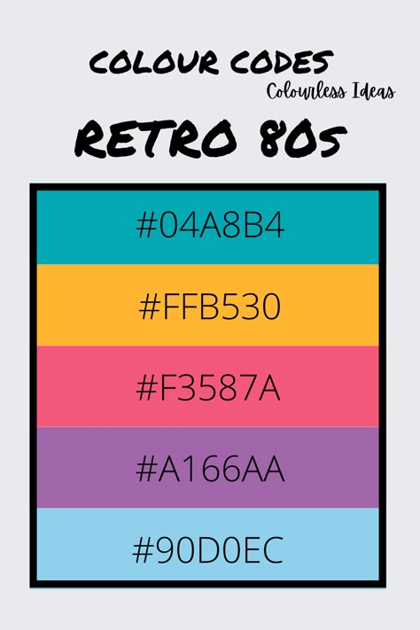 Follow for more colour palettes Skater Color Palette, 80s Color Scheme, Psycadelic Colour Palette, 80s Aesthetic Graphic Design, Retro Color Palette Hex Codes, 1980s Color Palette, Graphic Design Palette, Graffiti Color Palette, 80s Color Palette Retro