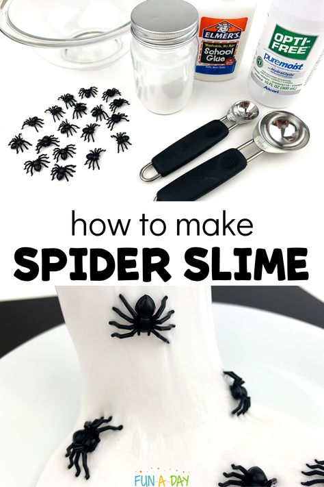 Grab a few ingredients and make your own spider slime with the kids. This spider web slime is perfect as part of your Halloween activities or your next spider theme. Click on the Fun-A-Day.com link for more details. Spider Web Slime Recipe, Glue Spider Web Craft, Spiders Science Preschool, Spider Room Transformation, Spider Web Slime, Spider Experiment For Kids, Spider Activities Preschool, Spider Activities For Kids, Halloween Slime For Kids