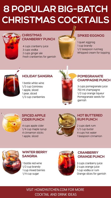 A vibrant guide to 8 popular big-batch Christmas cocktails, featuring drinks like Cranberry Orange Punch and Spiked Eggnog, great for serving at holiday parties. Drinks To Serve At A Party, Holiday Boozy Punch, Christmas Adult Drinks Easy, Premade Holiday Cocktails, Christmas Party Batch Cocktails, Large Batch Christmas Margarita, Christmas Drink Decorations, Hosting Christmas Party Ideas, Nye Party Drinks