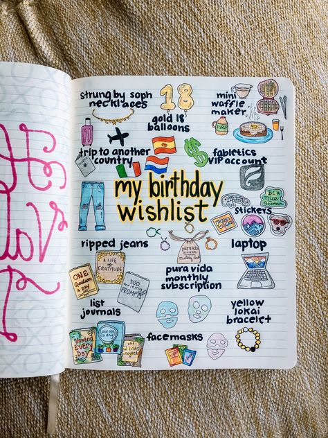 another style of bullet journal pages I absolutely adore!!! so fun to doodle out your birthday or holiday wishlist! I did this in my bullet journal every year since 2016 + loved going back to see my old wishlists! these pages always turn out so cute + colorful! 😍 #bulletjournal #bujo #bulletjournalideas #bulletjournalinspiration #colorful #wishlist #birthday #doodles #bujoideas #bujoinspiration #journaling #journalinspiration #drawing #art #ideas #diy 🌟 Notebook Ideas Birthday, Things To Put In Notebooks Journal Ideas, Things To Doodle In Your Notebook, Cute Diary Ideas Diy, Journal Ideas For Birthdays, Coloring Journal Pages, Cute Things To Draw In Your Journal, My Wishlist Birthday, Wishlist Drawing Ideas