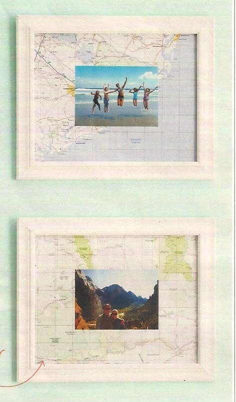 Framed Travel Souvenirs, Photo Frame Upcycle, Displaying Travel Photos, Framed Maps Decor, Scrapbook Photo Frame, Framed Maps On Wall, Memory Frame Ideas, Travel Photo Wall Ideas, Travel Picture Wall