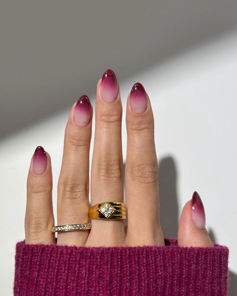 burgundy ombré + glitter tips 💄🍷🪞🩷🍇🎆✨ • colours used are ‘perfect plums’, ‘cherry wine’, ‘soya’ from @glitterbels • rings are @luvaj #nails #nailinspo #nailspo #nailart #naildesign #minimalnails #ombrenails #burgundynails #autumnnails #fallnails #winternails #nailsofinstagram Plum Colored Nails Designs, Ombre Cherry Nails, Ombre Tips Nail, Cherry Ombre Nails, Gradient Red Nails, Plum Wine Nails, Burgundy Ombré Nails, Natural Purple Nails, Maroon Ombre Nails Burgundy