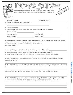 Classroom Freebies: Parent Survey for Beginning of Year...I'm going to fill this out and have C give it to his teacher on the first day :) Parent Survey, Parent Teacher Communication, Beginning Of Year, Classroom Freebies, Back To School Night, School Opening, Beginning Of The School Year, 1st Day Of School, Teacher Organization