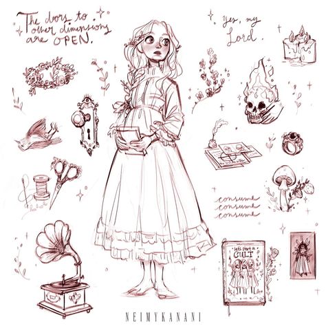 Sharing A Bed Drawing Reference, Cottage Character Design, Cottage Core Character Design, Witches Sketch, Cute Witch Character Design, Cottagecore Character Design, Witch Poses Reference Drawings, Sketchbook Character Design, Witch Illustration Art