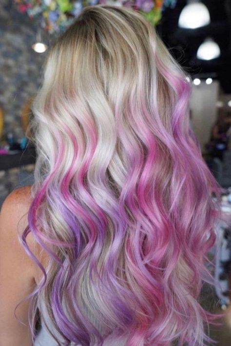 Outstanding Partial Highlights Ideas To Accentuate Your Beautiful Hair Color ★ Pastel Pink Highlights, Purple Highlights Blonde Hair, Purple Blonde Hair, Purple Hair Highlights, Blonde Hair With Pink Highlights, Pink Purple Hair, Unicorn Hair Color, Partial Highlights, Pink Ombre Hair