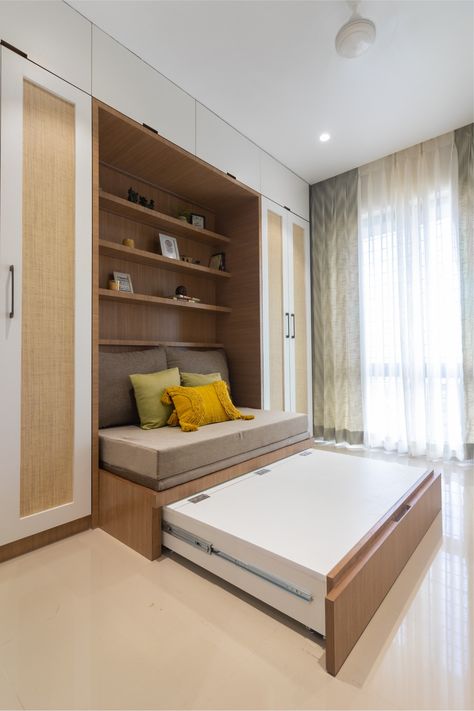 Nashik Houzz: This Apartment is a Lesson in Small Space Living Tiny Spaces Apartments, Small Study Table, Floating Bedside Table, Compact Home, Minimalist Chair, Outer Space Theme, Space Apartments, Condo Living, Tiny Spaces