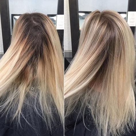 Blended blonde . . . Babylights & foilagye mixed with @brazilianbondbuilder Root shadow & gloss @redken . . . #hairbykimjette #babylights #foilayage #foilage #beforeandafter #colorcorrection #hairoftheday #hairinstagram #blonde #diamondpaintbalayage #rootshadow High Lift Hair Color, Blended Blonde, Lob Bob, Blonde Babylights, Root Shadow, Hair Colouring, Mom Hair, Icy Blonde Hair, Hair Color Caramel