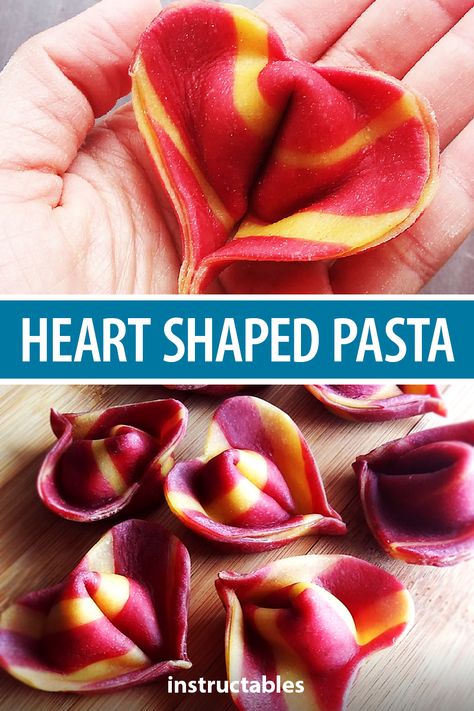 Colourful Ravioli, Heart Shaped Dumplings, Heart Ravioli Recipe, Homemade Stuffed Pasta, Valentines Ravioli, Pink Ravioli, Ravioli Shapes, Valentine Pasta, Homemade Pasta Shapes