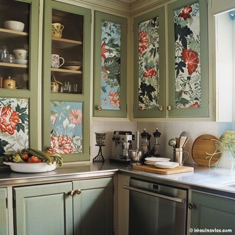 Mural On Kitchen Cabinets, Vintage Wallpaper Cabinets, Decals Kitchen Cabinets, Kitchen Cupboard Stencil Ideas, Cabinets With Wallpaper Doors, Kitchen Cabinet Wallpaper Ideas, Kitchen Cabinet Decal Ideas, Glass Front Cabinet Makeover, Floral Cabinets Kitchen