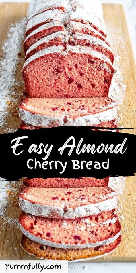 The flavor of cherries and almonds comes through in this delightful Cherry Almond Bread. It has a soft and moist texture, perfect for afternoon coffee, brunch, or any special occasion. Toasted and spread with almond butter makes for a delicious breakfast or snack. This recipe is easy and foolproof and uses basic pantry staples and maraschino cherries, which eliminates the need for pitting fresh fruit! Cherry Almond Bread, Cherry Bread Recipe, Cherry Bread, Cake Filling Recipes, Almond Bread, Maraschino Cherries, Afternoon Coffee, Cherry Almond, Maraschino Cherry