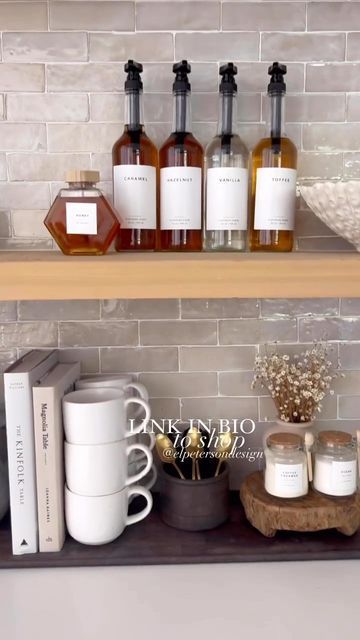 Cubical Coffee Station, Coffee Bar Ideas Syrup, Coffee Station Salon, Coffee Station Organizer, Coffee Bar With Syrups, Espresso Machine Set Up, Alcohol And Coffee Bar, Apothecary Coffee Bar, Coffee Bar Syrup Bottles