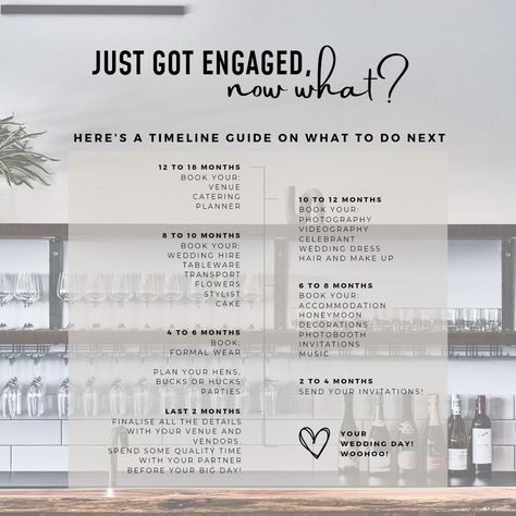 Just got engaged and not sure where to start? We're here to help 😉 We understand that it can be quite overwhelming with all the planning and options out there, so we've created a timeline guide to help you plan your big day! DISCLAIMER: This is just a guide and it might change over time, however, the BEST ADVICE we can give you is to BOOK EARLY so you have heaps of vendor options, as some of them get booked as early as 2 years before! So, as soon as you find the vendors for you, book them ... Engagement Timeline One Year, Short Engagement Timeline, Engagement Party Timeline, Engagement Timeline, Party Timeline, Just Got Engaged, Engagement Plan, Short Engagement, Create A Timeline