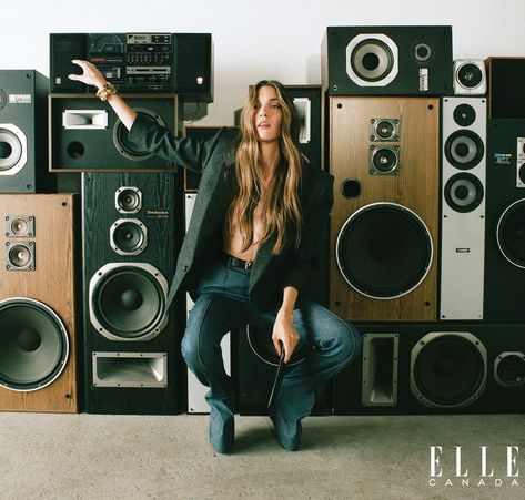 Music Studio Photoshoot, Culture Moodboard, Music Fashion Editorial, Charlotte Cardin, Elle Cover, Photoshoot Set, Brand Merch, Music Photoshoot, Speaker Wall