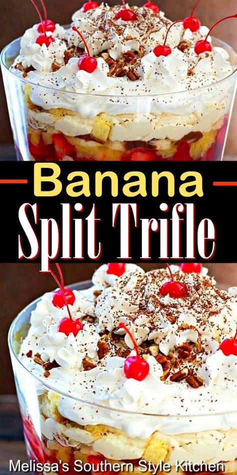 Banana Split Trifle, Trifle Bowl Desserts, Banana Split Dessert Recipes, Trifle Bowl Recipes, Punch Bowl Cake, Trifle Cake, Trifle Dessert Recipes, Banana Split Cake, Bbq Desserts