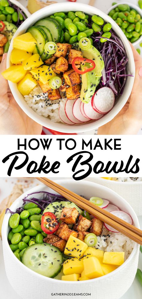 Tofu Poke Bowl, Tofu Poke, Vegan Poke Bowl, Vegan Poke, Crispy Veggies, Rainbow Veggies, Poke Bowl Recipe, High Protein Vegan Recipes, Poke Bowls