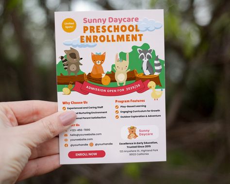 This beautiful Flyer Template for Preschool Daycare or Childcare Enrollment with animal theme is perfect for you to promote your daycare, childcare, early education and nursery services. It Canva template is easy to edit to suit your brand colors/ fonts/ elements etc. This can be sent digitally or printed out as flyer / brochure / leaflet to promote your preschool's early education programs. This modern and attractive editable flyer is designed with real text that can be used as an... Preschool Brochure, Bridesmaid Poses, Play Based, Play Based Learning, Early Education, Animal Theme, Brand Colors, Childcare, Canva Template