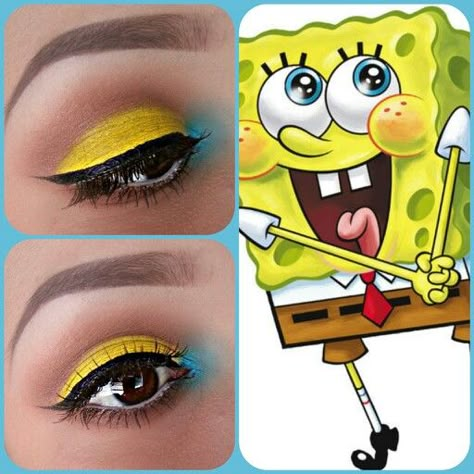 Spongebob Makeup Halloween, Sponge Bob Makeup, Spongebob Eye Makeup, Spongebob Makeup Ideas, Spongebob Inspired Makeup, Spongebob Makeup Look, Spongebob Face Paint, Spongebob Rave, Flower Eye Makeup