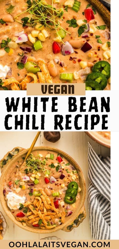 This Vegan White Bean Chili is brimming with seasonal vegetables and spices, featuring hearty white beans and a creamy vegan sour cream base. It's made with 3 secret ingredients not used in traditional chili recipes. Make this in your crock pot, slow cooker, Instant Pot or regular pot in 30 minutes or less. If you're looking for a white bean soup recipe, this is a must try. Easy vegan dinner recipes, yes! #veganwhitebeanchili #vegandinnerrecipes #vegansouprecipes #veganchilirecipes #blackgarlic Vegan Chili Instant Pot, Vegan White Bean Chili Recipe, Vegetarian White Chili Recipe, Vegan White Bean Chili, Vegan Slow Cooker Soup, Vegan Bean Soup, White Bean Chili Recipe, Traditional Chili Recipe, Easy Vegan Dinner Recipes