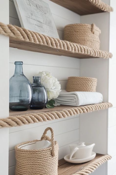 "Bring coastal charm to your home with DIY Rope Shelving! 🛠️🌊 Perfect for adding a beachy, relaxed look to your decor. 🌟✨ #RopeShelving #CoastalDecor #DIYProjects" Beachy Shelves, Coastal Shelf Decor, Shelf With Rope, Paint Upholstery, Rope Shelves, Boutique Decor, Decorating Shelves, Bath Ideas, Coastal Charm