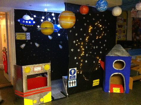 Outer Space role-play classroom display photo - Photo gallery - SparkleBox Space Theme Classroom, Space Preschool, Space Classroom, Role Play Areas, White Stairs, Dramatic Play Preschool, Dramatic Play Area, Outer Space Theme, Space Activities