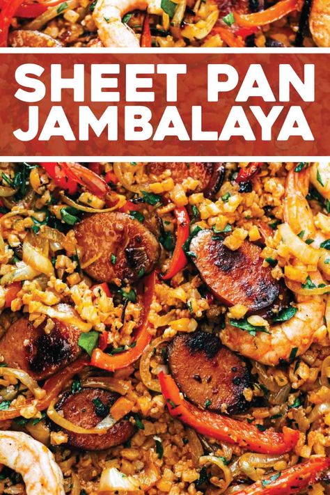 Sheet Pan Jambalaya: maximum flavor, minimal dishes. Sausage, peppers, onions, shrimp, and cauliflower rice all roasted up on a sheet pan. Big flavor, easy dinner! #jambalaya #sheetpan #onepan Minimal Dishes, Sausage Peppers Onions, Pinch Of Yum, Sausage Peppers, Sheet Pan Dinners Recipes, Jambalaya Recipe, Recipe Sheets, Pan Dinners, Pan Meals