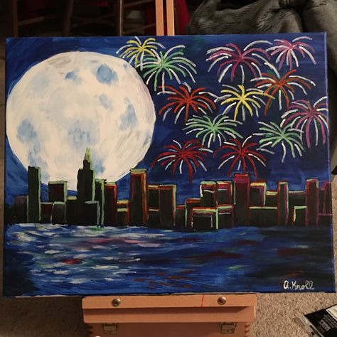 "New Year's Eve in the City"--Acrylic painting by Amanda Kroll New Year’s Eve Painting, New Years Eve Drawing, New Year Painting Ideas, New Years Painting, Happy New Year Painting, A3 Painting, Eve Painting, New Year Painting, New Year's Drawings