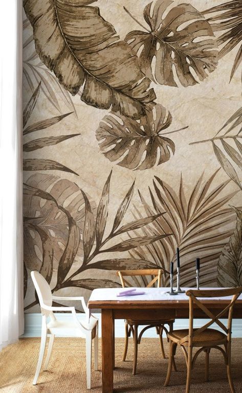 Beige And Brown Tones Tropical Leaves Wallpaper Leaf Wall | Etsy Woods Mural, Tropical Leaves Wallpaper, Wallpaper Leaf, Stylish Wall Decor, Leaves Wallpaper, Trendy Living Rooms, Leaf Wall, Wedding Dresses Beaded, Brown Tones