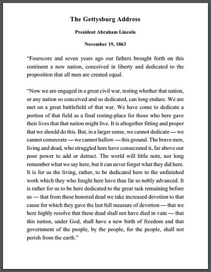 Gettysburg Address (1863) - Free to print (PDF file). Gettysburg Address Printable, Battle Of Gettysburg School Project, Gettysburg Campground, Abraham Lincoln Gettysburg Address, The Gettysburg Address, Gettysburg Address, Classroom Halloween Party, Easy Tricks, Dream Dream