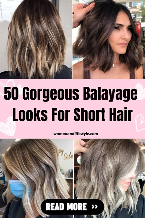 Want to camp up your short hair? These balayage looks might be your best answer! You might not have much Balayage For Dark Hair Short, Brunette Balayage Hair With Root Smudge, Brunette Balayage Hair Blonde Dark Roots Short, Blonde To Brunette Short Hair, Balayage On Short Layered Hair, Baylage Front Pieces, Brunette Balayage Shoulder Length Hair, Balayage Hair Straight Mid Length, Brown Baylage Hair Short