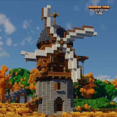 Lekter made this medieval windminll in Minecraft with the Dawn of Time mod. Windmill In Minecraft, Windmill Minecraft, Medieval Windmill, Minecraft Medieval Village, Minecraft Japanese House, Minecraft Steampunk, Minecraft Decoration, Minecraft Farm, Minecraft Mod