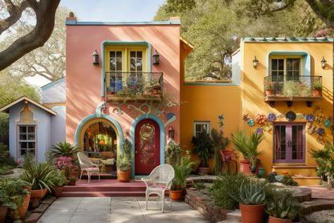 Mexican Home Architecture, Mexico Colorful Houses, Colorful Mexican Houses Exterior, Artsy House Exterior, Funky Exterior House, Traditional Mexican House Exterior, Small Mexican House Exterior, Colourful House Exterior, Eclectic House Exterior