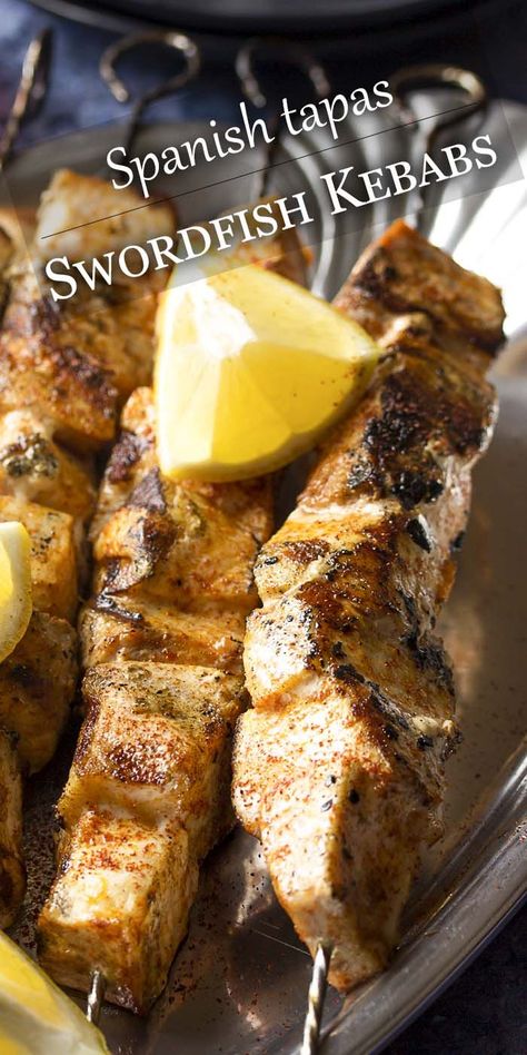 Swordfish Kebab Recipes, Spanish Bbq, Swordfish Skewers, Swordfish Steak Recipe, Seafood Sides, Spanish Menu, Fall Grilling, Bbq Foods, Spanish Tapas Recipes