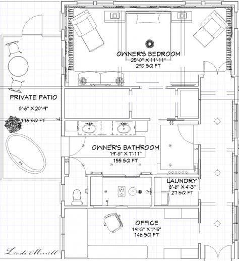 Dream Home Owner's Wing First Look - Linda Merrill Master Wing Floor Plan, Master Suite Floor Plan Layout, Primary Suite Layout, Master Suite Layout Floor Plans, Master Suite Layout With Sitting Area, Bathroom Laundry Closet, Master Suite With Office, Patio With Hot Tub, Master Suite Floor Plans