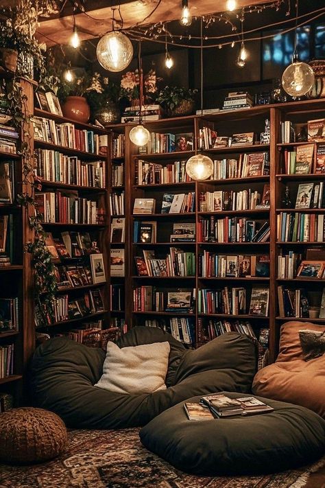 House Of Books, Large Bookshelf Aesthetic, Library Night Aesthetic, Office Library Aesthetic, Cozy Library Room Aesthetic, Cottage Core Home Library, Book Filled Apartment, Bookroom Aesthetic, Coffee Library Aesthetic