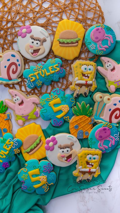 Spongebob Cookies, Spongebob Sandy, Spongebob Gary, Spongebob Birthday Party Decorations, Spongebob Birthday Cake, Pineapple Cookies, Custom Sugar Cookies, Spongebob Cake, Spongebob Birthday Party