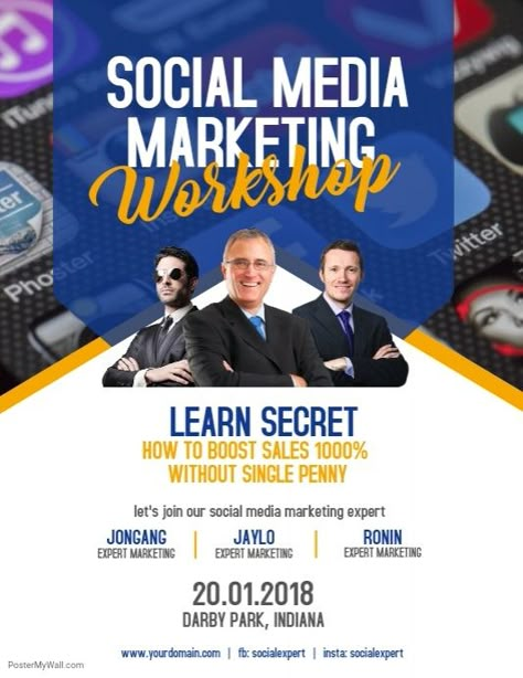 Social Media Marketing Workshop Flyer Poster Design Workshop Poster, Workshop Graphic Design, Workshop Design Poster, Business Poster Ideas, Workshop Flyer Design, Workshop Poster Design, Workshop Flyer, Startup Poster, Workshop Poster